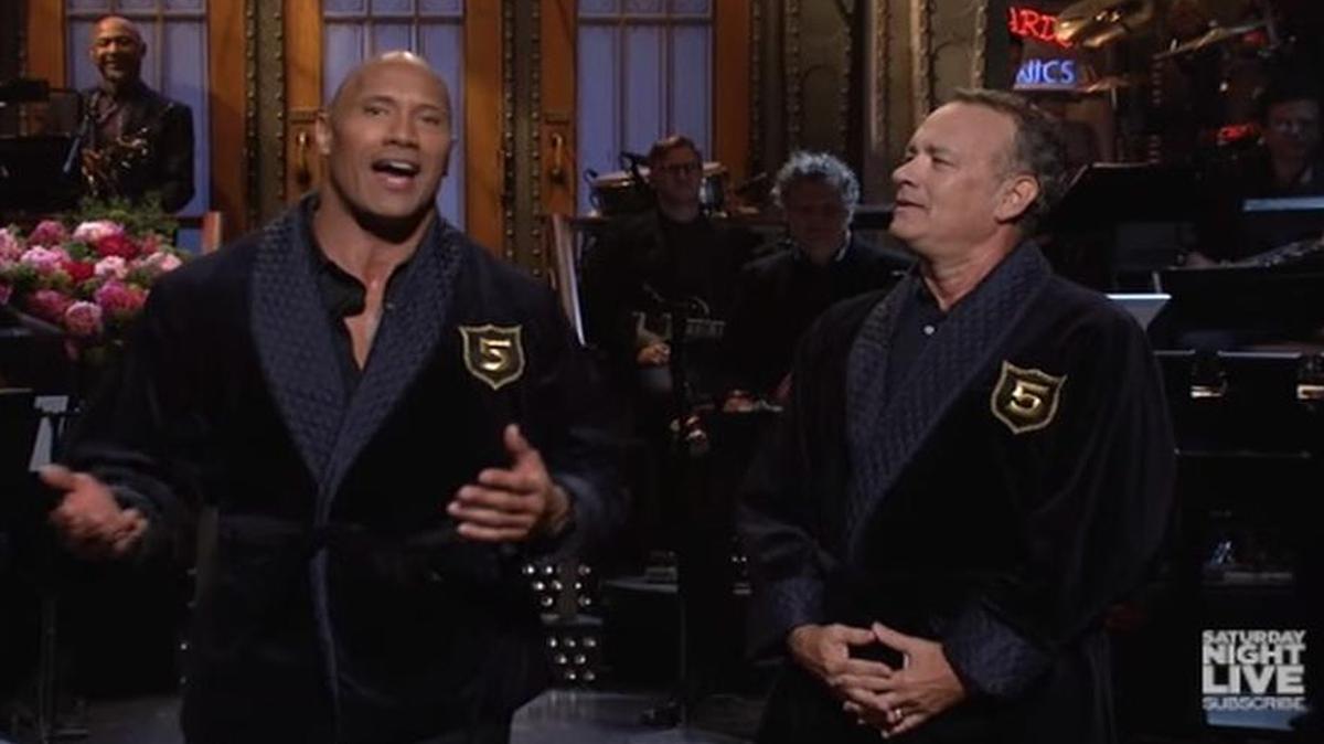 Actors Dwayne “The Rock” Johnson, left, and Tom Hanks were featured on the Saturday Night Live season finale on Saturday, May 20, 2017.
