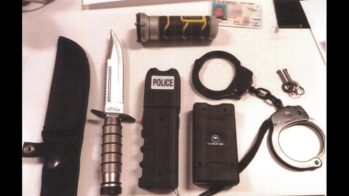 A southern California man has been arrested by the Los Angeles County Sheriff’s Department after authorities say he flashed a fake FBI badge trying to gain access to the county’s jail armed with a handful of weapons (pictured), and then fled on foot before getting apprehended.