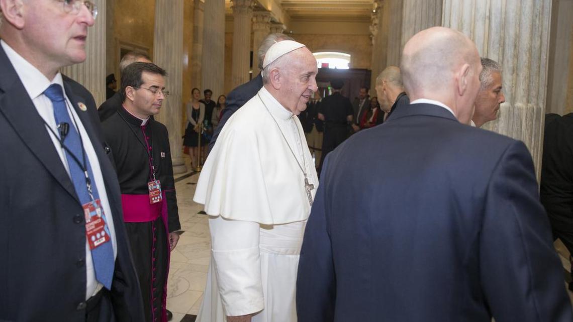 
Pope Francis arrives on Capitol Hill in Washington, Thursday, Sept. 24, 2015, to give an address before a joint meeting on Congress.
