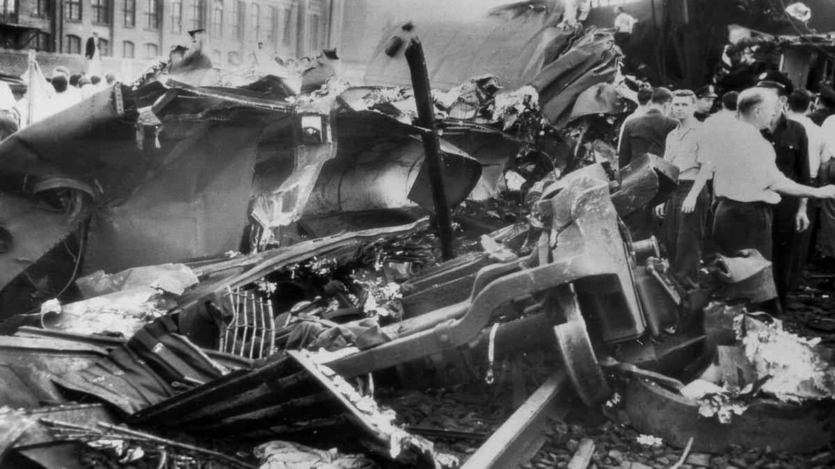 
This Sept. 7, 1943 file photo shows the wrecked cars of the Pennsylvania Railroad's Congressional Limited train, in Philadelphia. The Labor Day train jammed with 541 passengers derailed, killing 79 passengers and injuring117 others. The high-speed Congressional Limited jumped the rails in an area known as Frankford Junction. It is about a mile from where the Amtrak wreck occurred Tuesday night. 
