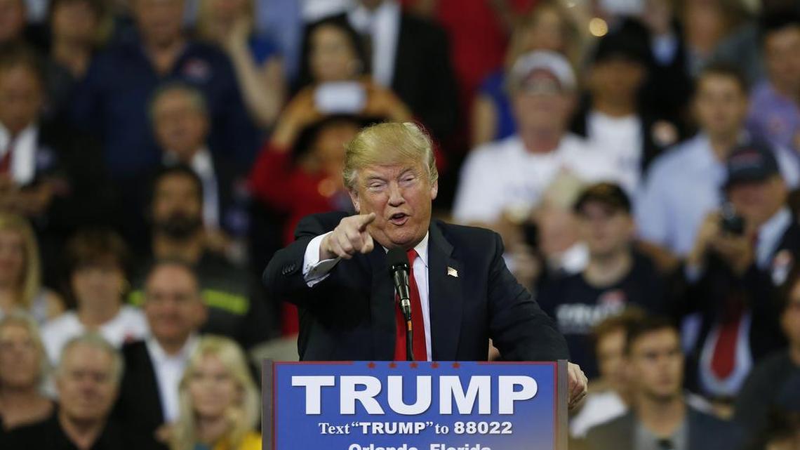 Republican presidential candidate Donald Trump speaks during a campaign rally Saturday, March 5, 2016, in Orlando, Fla.