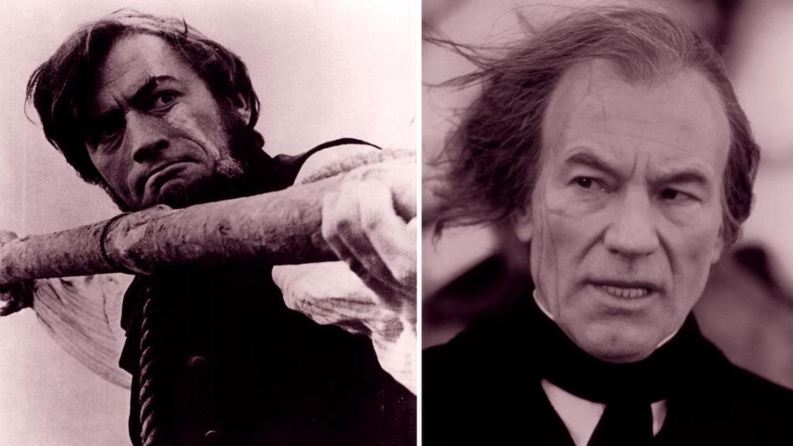 Two famous Ahabs: Gregory Peck, left, in the 1956 movie; and Patrick Stewart, right, in a 1988 TV adaptation.