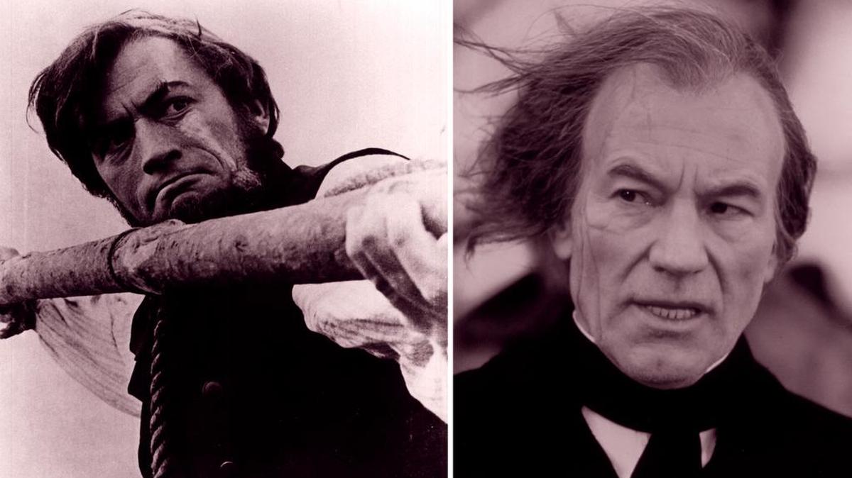 Two famous Ahabs: Gregory Peck, left, in the 1956 movie; and Patrick Stewart, right, in a 1988 TV adaptation.