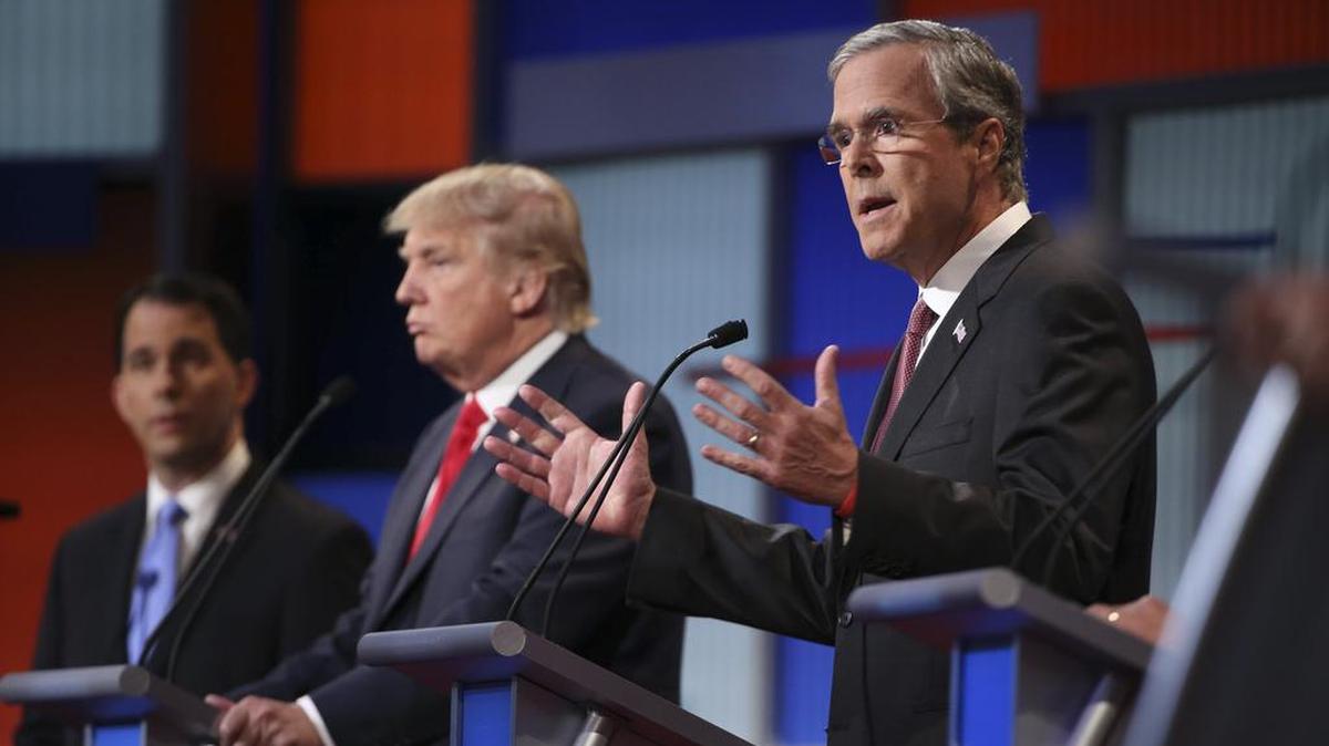 
Jeb Bush, right, and Donald Trump at the Republican presidential debate hosted by Fox News in Cleveland, Aug. 6, 2015. After failing to directly confront Trump in the first debate, Bush and his aides are under pressure to create a memorable showdown Wednesday to match a newly aggressive tone on the campaign trail.

