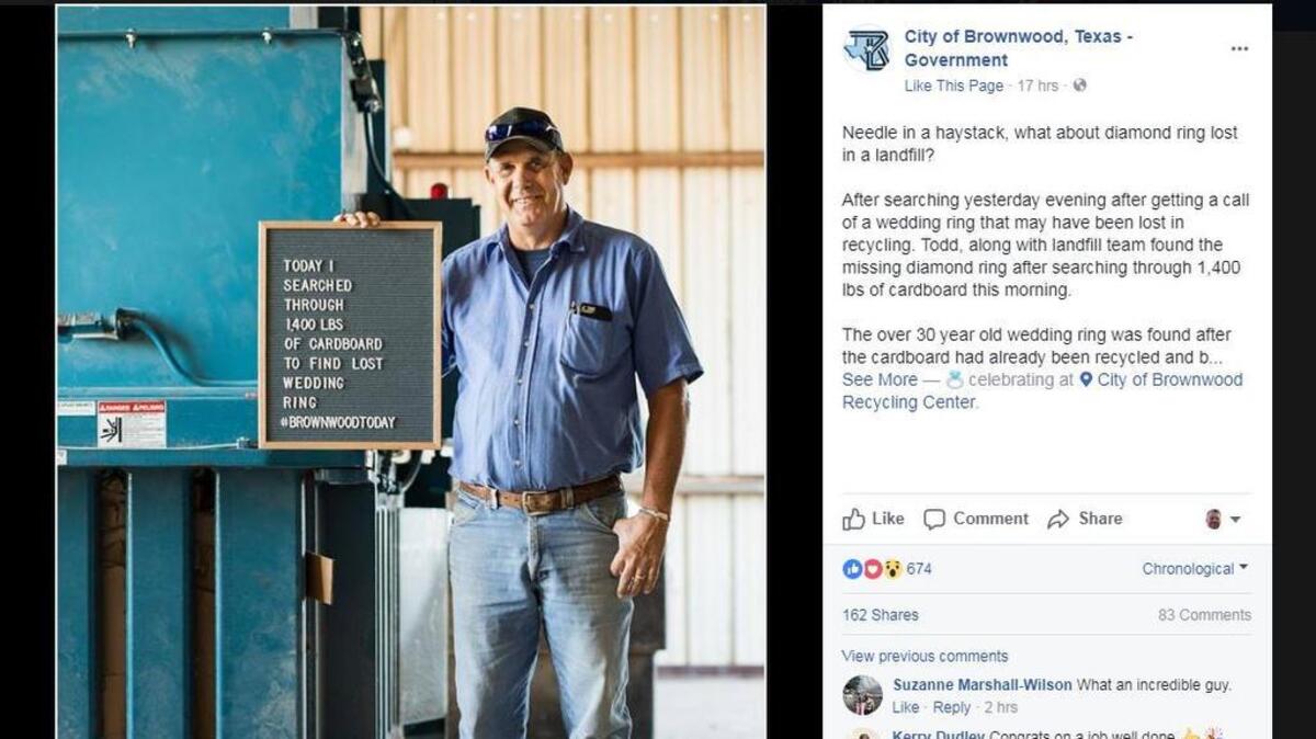 Workers at a landfill in Brownwood, Texas, sifted 1,400 pounds of recycled cardboard to find a lost 30-year-old wedding ring.