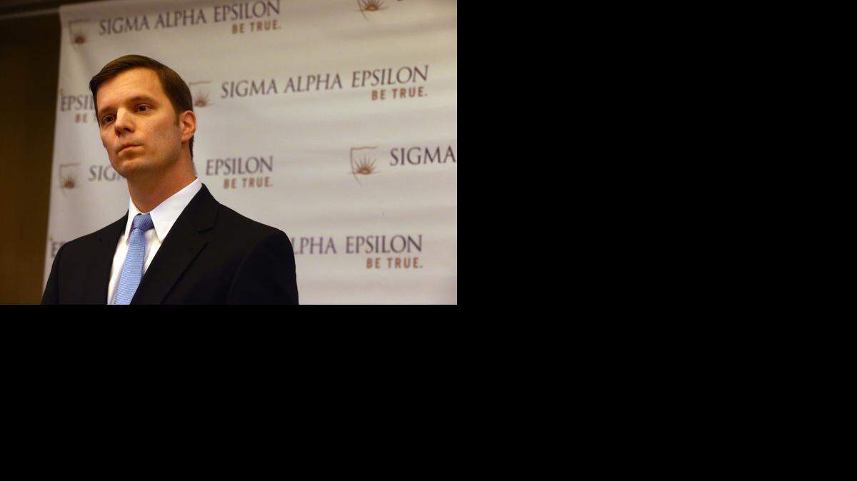 
Sigma Alpha Epsilon Executive Director Blaine Ayers speaks to the media on Wednesday, March 18, 2015 at the Westin Hotel in Chicago to answer questions regarding the racist video made by their fraternity at the University of Oklahoma.
