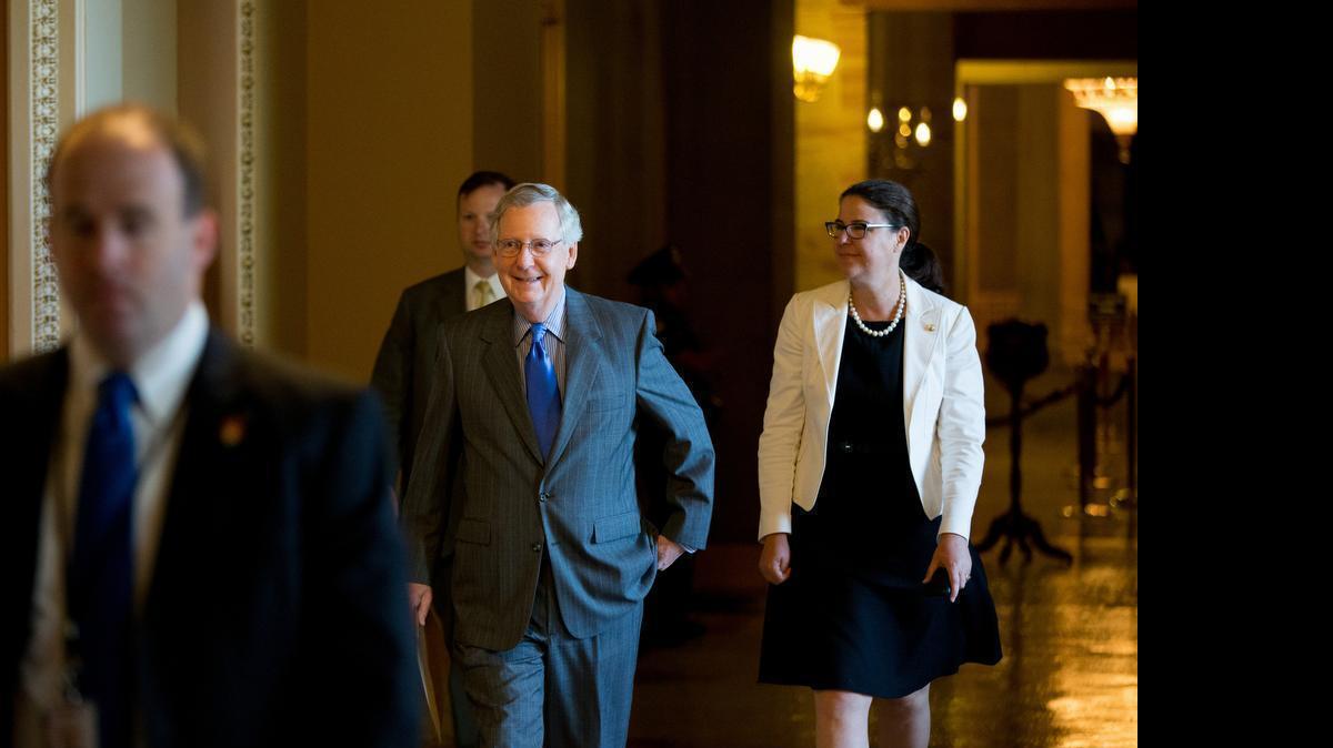 
Senate Majority Leader Mitch McConnell of Ky. arrives on Capitol Hill in Washington, Monday, June 1, 2015, before debate continues in the Senate on renewing the Patriot Act. 

