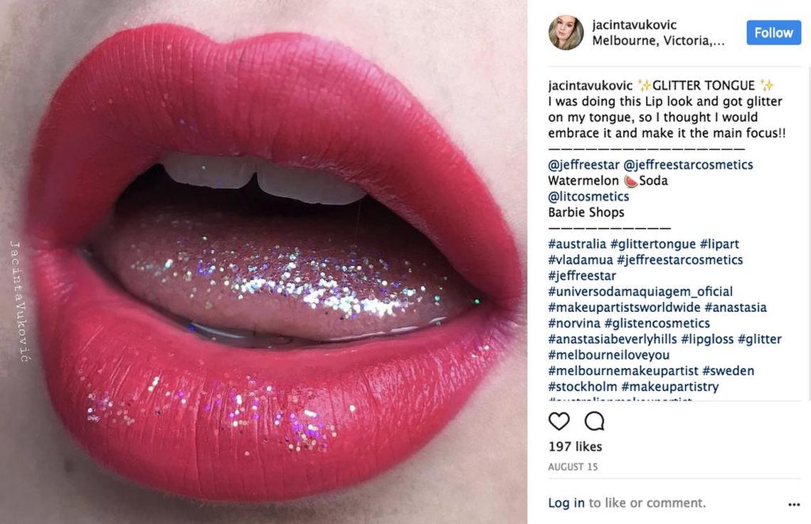 Australian makeup artist Jacinta Vukovic is credited with starting the current glitter tongue craze on Instagram.