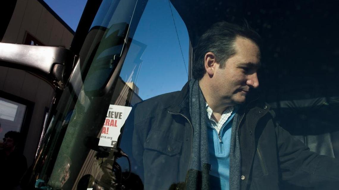 Republican presidential candidate Sen. Ted Cruz of Texas boards his campaign bus after a rally Friday, Jan. 29, 2016, in Fenton, Iowa.