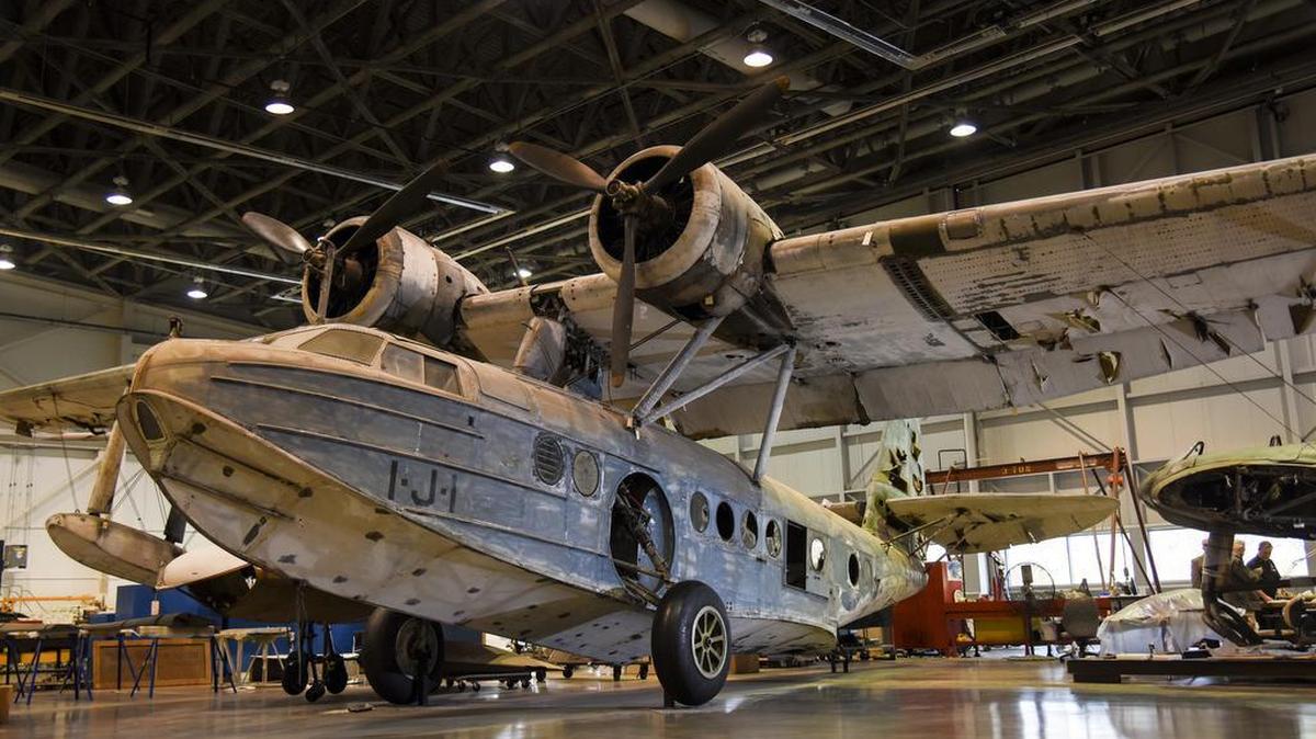 This Sikorsky JRS-1 flying boat sits in the restoration hangar at the Steven F. Udvar-Hazy Center of the Smithsonian National Air and Space Museum. With Pearl Harbor in flames, and US forces devastated, this ugly, old mail plane was sent out in search of the attacking Japanese fleet. Its only armament was a handful of sailors on board armed with rifles.