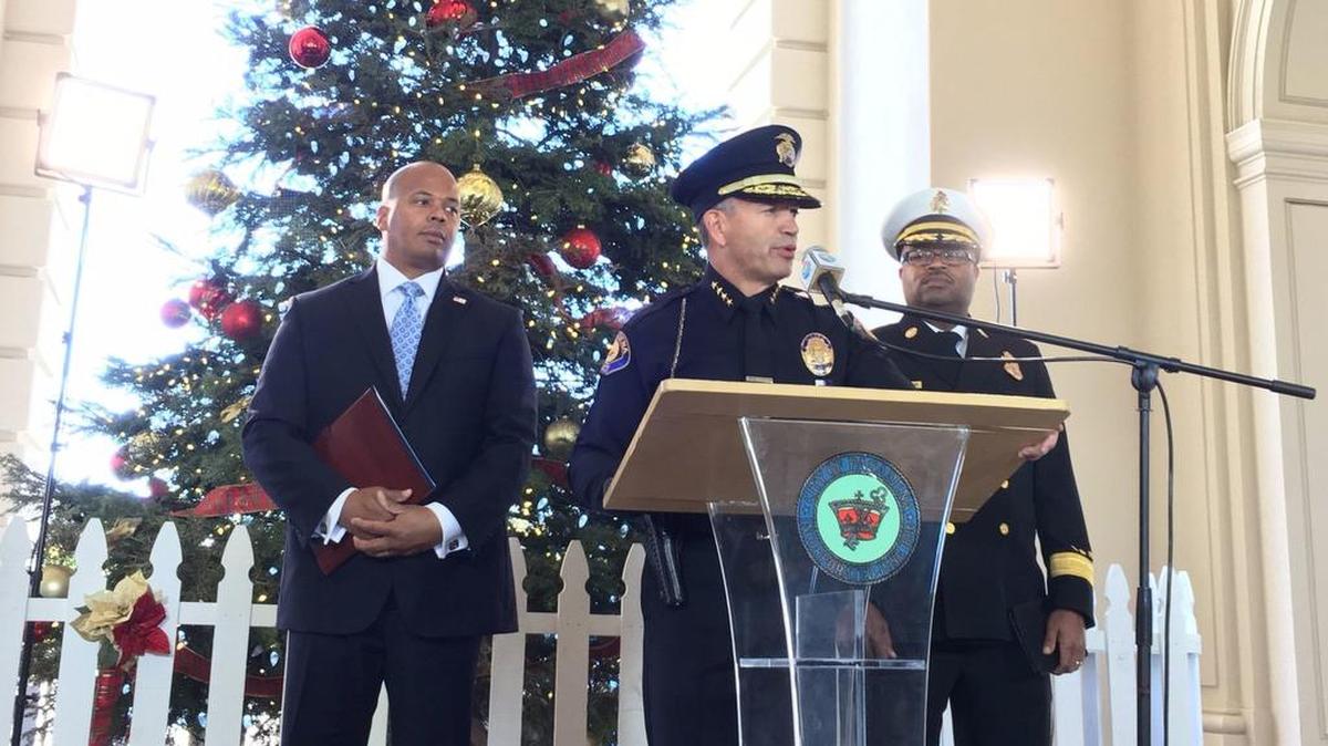 Pasadena Police Chief Phillip Sanchez, flanked by Special Agent in Charge Rob Savage of the U.S. Secret Service, left, and Pasadena Fire Chief Bertral Washington, speaks on Wednesday, Dec. 28, 2016, at City Hall in Pasadena, Calif., ahead of the Tournament of Roses Parade and Rose Bowl game.