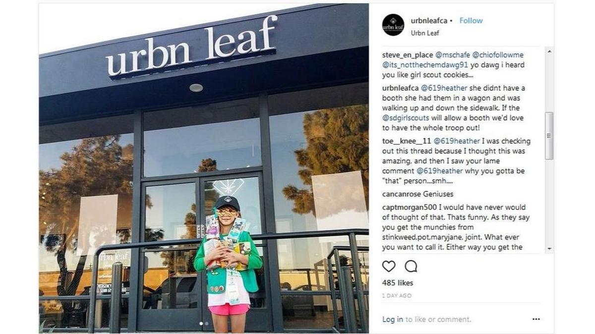 Urban Leaf, a San Diego marijuana dispensary, posted to Instagram on Friday about a Girl Scout selling cookies outside their business with her father. She sold more than 300 boxes.