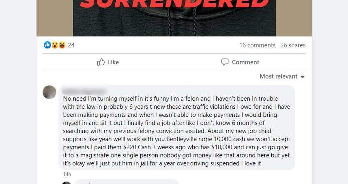 A Pennsylvania commented on a Facebook post by police searching for him.