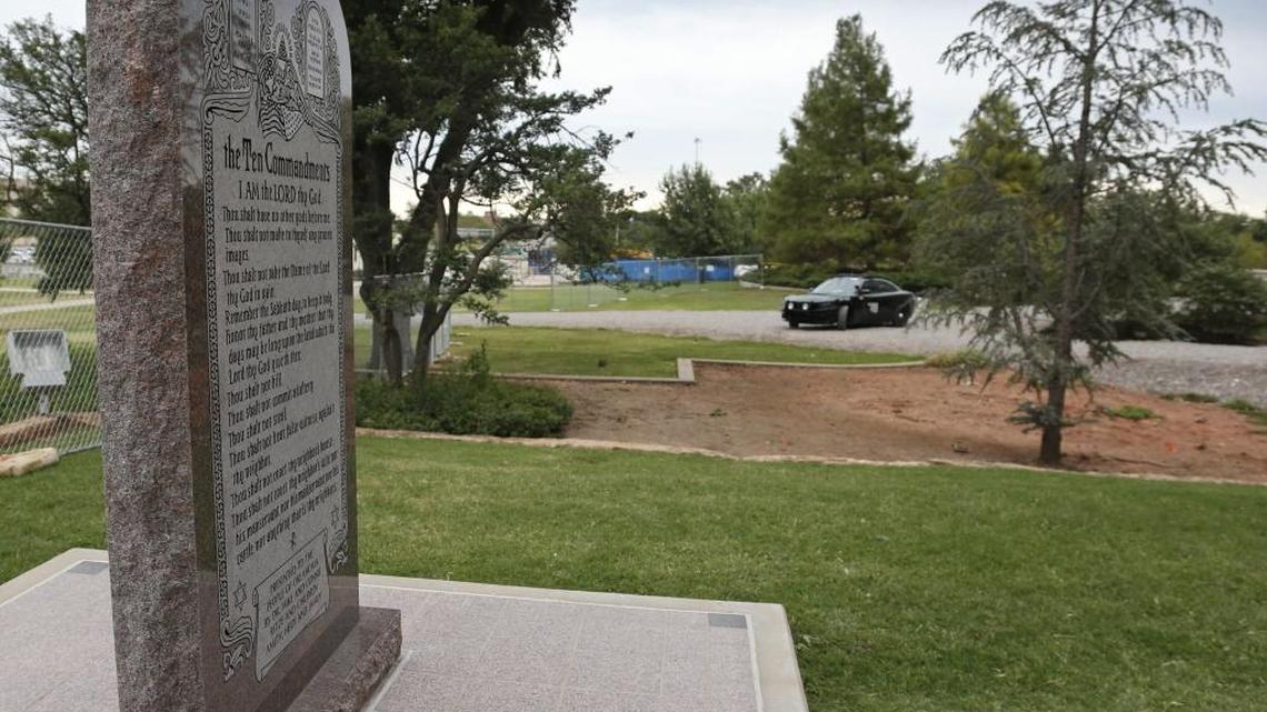 A statue of the Ten Commandments, similar to this one that stood on the grounds of the state Capitol in Oklahoma City, is subject of a legal battle in a Pennsylvania public school.