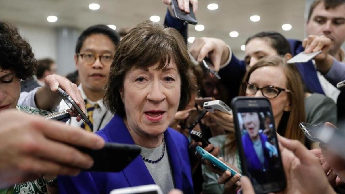 Sen. Susan Collins, R-Maine, speaks amid a crush of reporters after Republicans released their long-awaited bill to scuttle much of President Barack Obama's Affordable Care Act, at the Capitol in Washington, Thursday, June 22, 2017. She is one of several female GOP senators who say they are opposed to it as written.