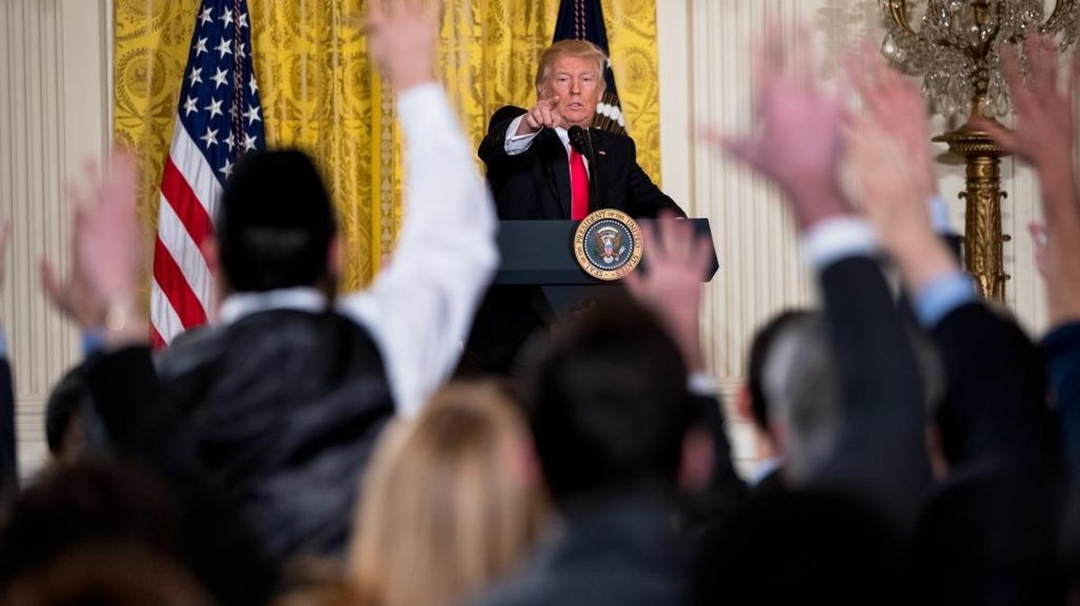 President Donald Trump calls on members of the media during a news conference Thursday, Feb. 16, 2017, in the East Room of the White House.