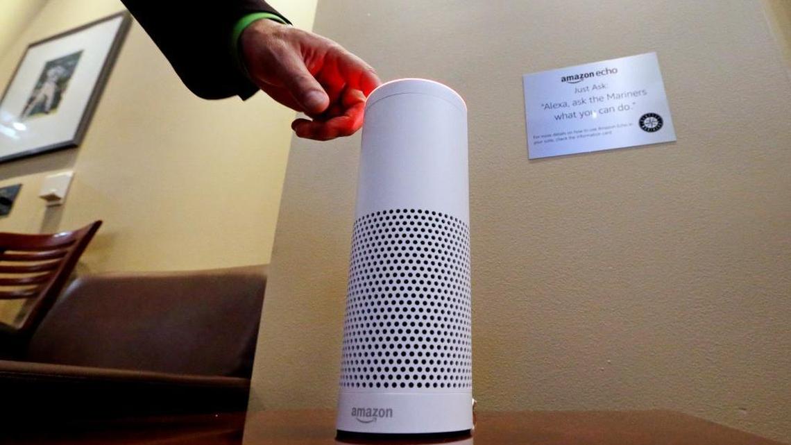 An Amazon Alexa device is switched on for a demonstration of its use in a ballpark suite before a Seattle Mariners baseball game in Seattle on May 17, 2017. Voice-activated devices are among internet-enabled electronics that may collect private data from their owners.