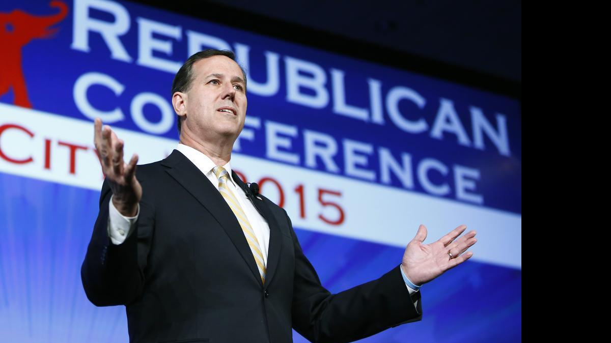 
Former Pennsylvania Sen. Rick Santorum, shown May 21, 2015, announced his presidential intentions Wednesday, May 27, 2015, in Cabot, Pa., near the town where he grew up. An aggressive advocate for conservative family values, the 57-year-old Republican told his audience, “My priority is you, the American worker.” 
