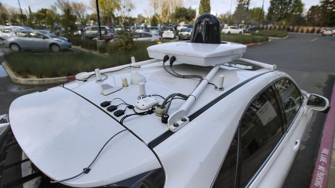 The camera, and laser array on the top of Google's self-driving car at the Google X campus in Mountain View, California, on Tuesday, February 2, 2016. Google is one of a number of U.S. companies developing autonomous vehicles.