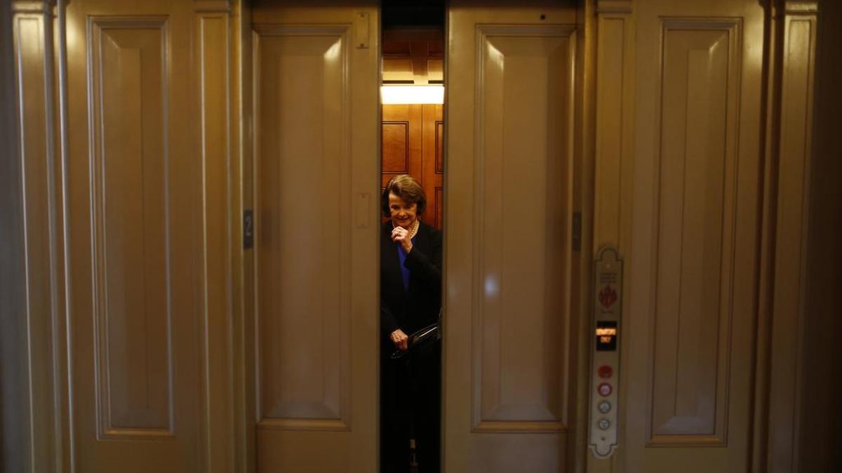 Sen. Dianne Feinstein, D-Calif., is seen in an elevator on Capitol Hill this week after speaking on the Senate floor about gun legislation.