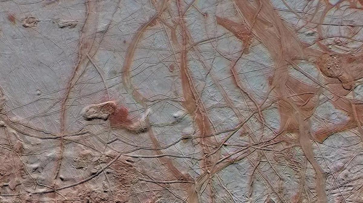 An enhanced-color view of Jupiter’s moon Europa.
