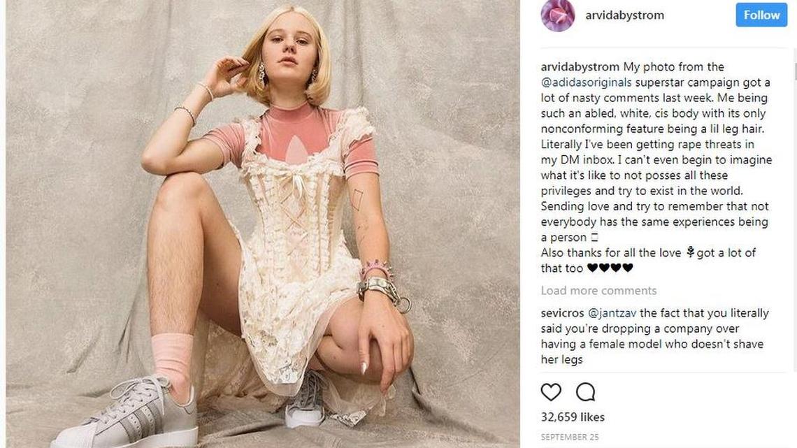 Artist and model Arvida Byström said she faced toxic online criticism and rape threats after appearing in an Adidas ad with unshaved legs.