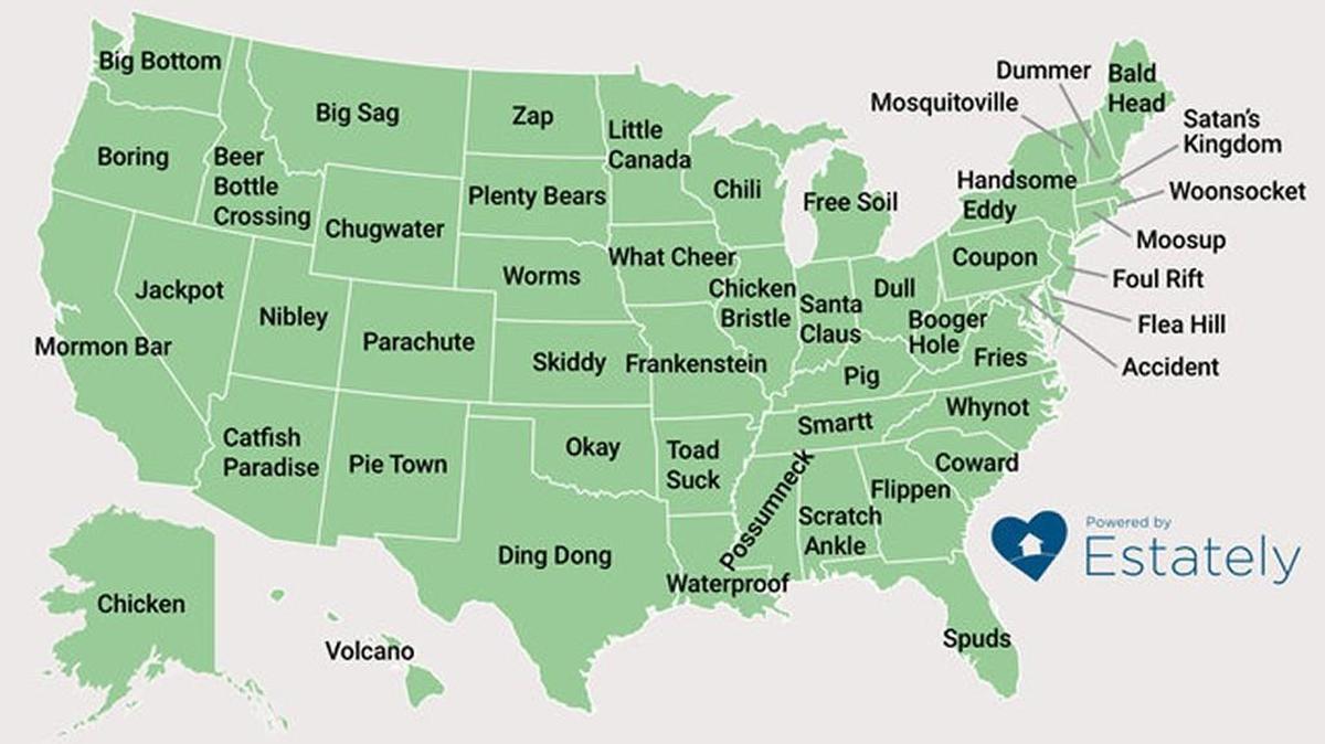 Research and data firm Estately examined “dozens of maps to locate the strangest of them all.”