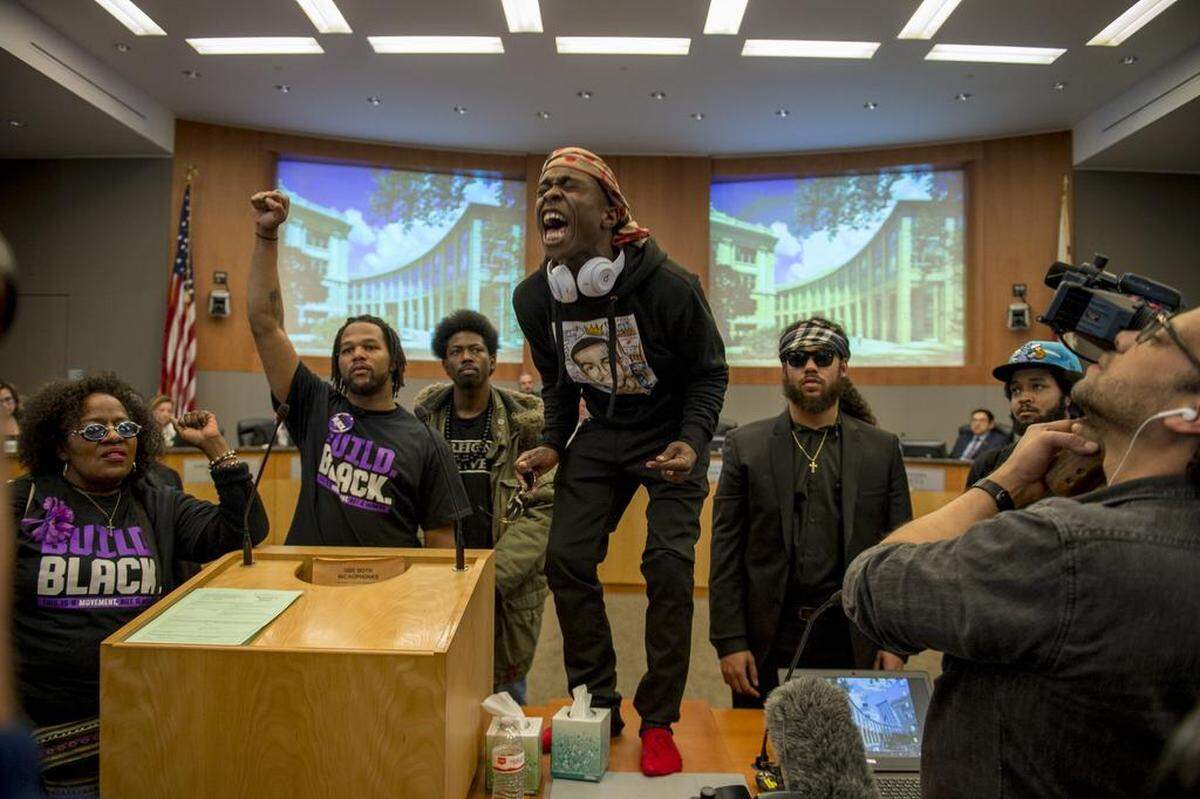 Stevante Clark, brother of Stephon Clark, stormed the Sacramento City Council chambers, briefly forcing the council to leave the chambers on Tuesday afternoon, March 27, 2018.