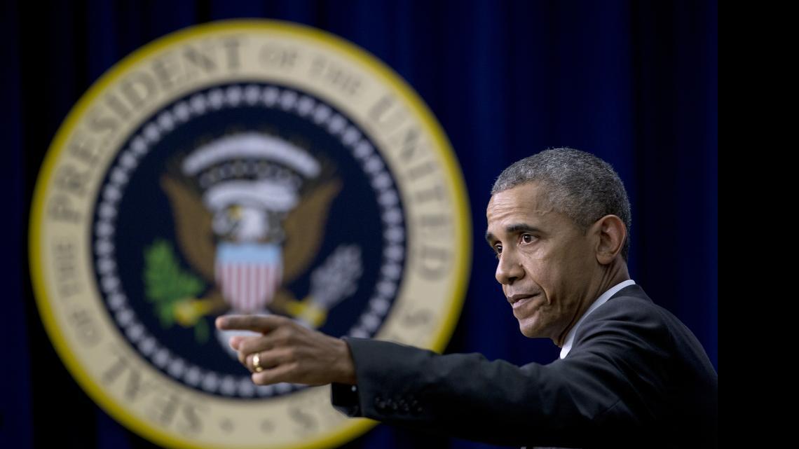 
President Barack Obama, speaking in the South Court Auditorium of the Eisenhower Executive Office Building on the White House complex in Washington, Monday, May 11, 2015. Obama’s presidential library will be built on the South Side of Chicago, his foundation announced early Tuesday morning. 
