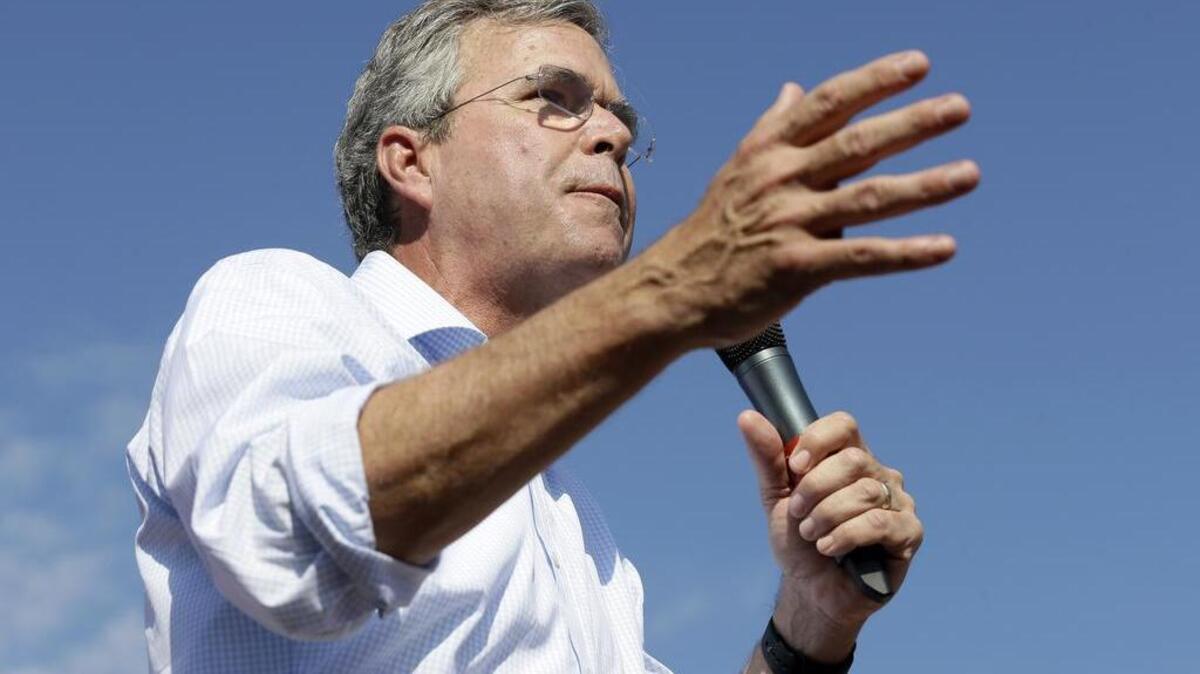 
 Former Florida Gov. Jeb Bush speaks at the Iowa State Fair in Des Moines, Iowa, on Aug. 14, 2015. Bush’s powerfully funded super political action committee will spend at least $10 million on Aug. 17 to buy television advertising in several early-voting states. It’s the first salvo of what’s expected to become a massive television ad campaign to back the former Florida governor’s presidential bid. 
