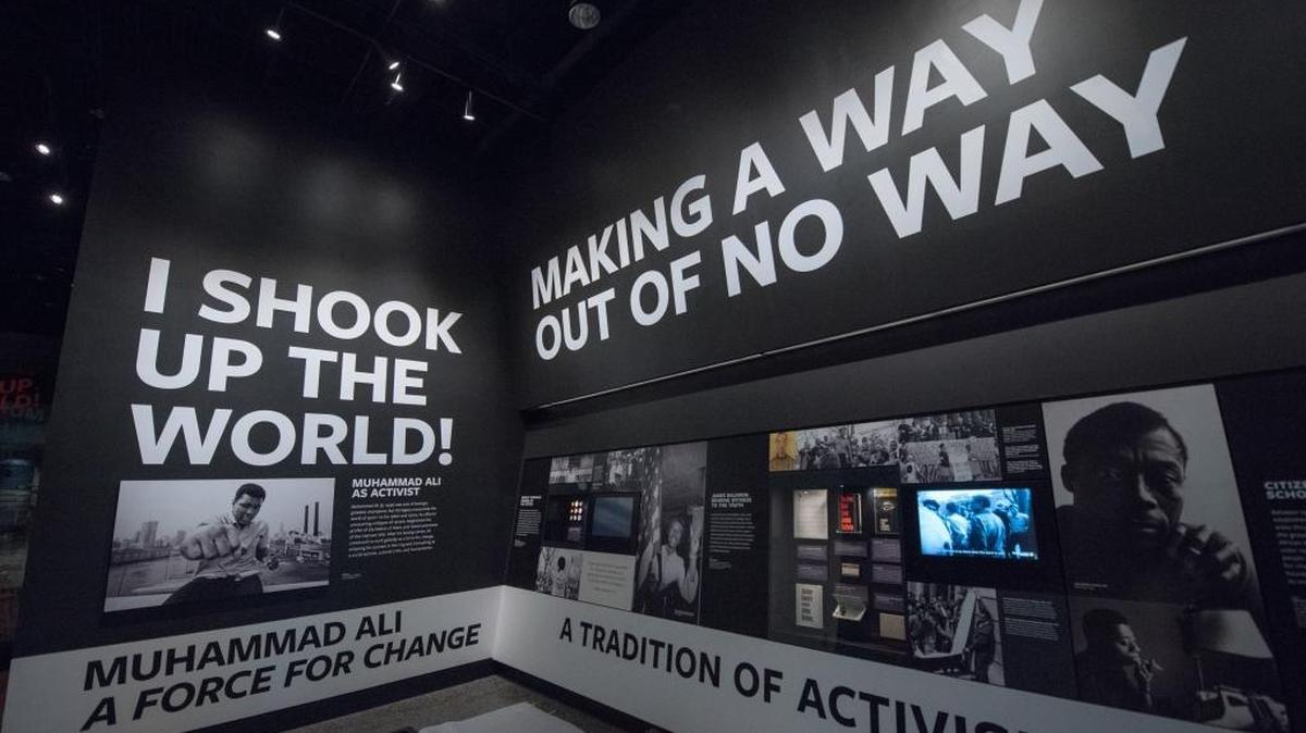 Artifacts and the memorabilia belonging to Muhammad Ali are on display at the Smithsonian's National Museum of African American History and Culture in Washington, D.C., on Sept. 14, 2016. Opening to the public Saturday, Sept. 24, it will be a primary exhibition space for African-American history and culture in the 400,000-square-foot building adjacent to the Washington Monument.
