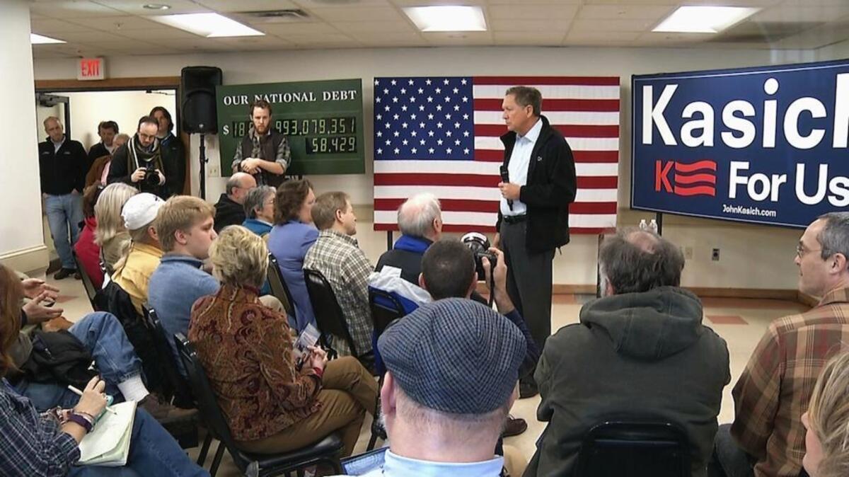 Republican presidential candidate, Ohio Gov. John Kasich holds a town hall in Rochester, N.H., Monday, Feb. 1, 2016. The town hall, at Rochester American Legion Post 7, is Kasich’s 87th town hall in New Hampshire.