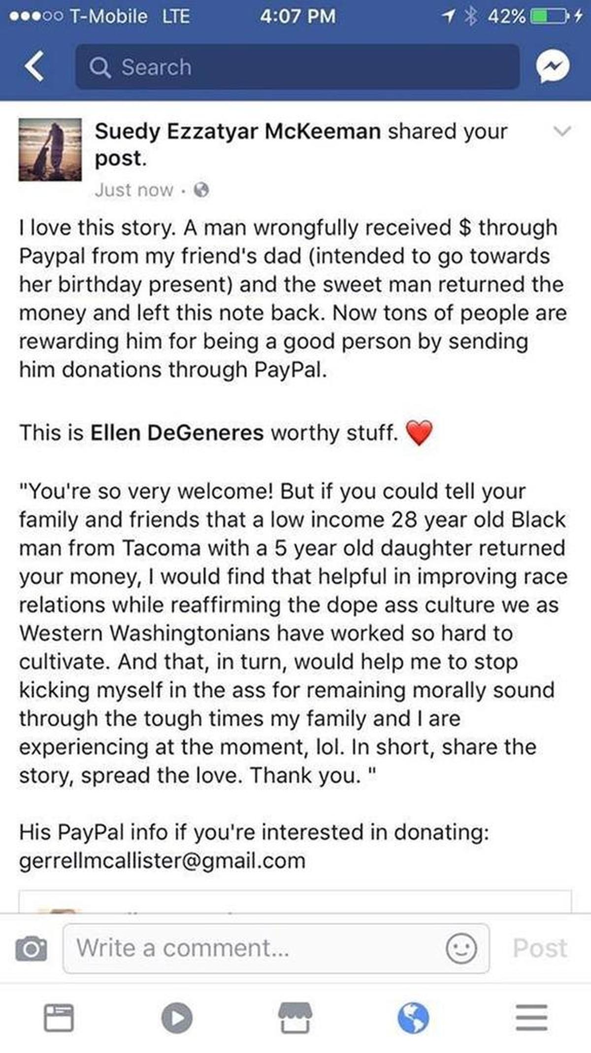 When Gerrell McAllister returned the money he received by accident he sent a note that Melissa Trusler posted on Facebook.