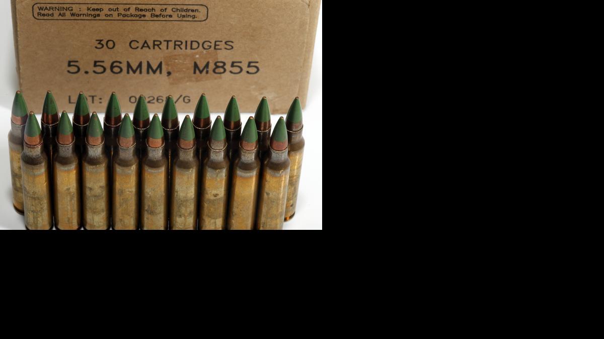
Green tip, M855 5.56mm ammunition is photographed Monday, March 2, 2015, in Fort Washington, Md. The Bureau of Alcohol, Tobacco, Firearms and Explosives is proposing the ban of “M855 green tip” or “SS109” rounds with certain types of metal cores.
