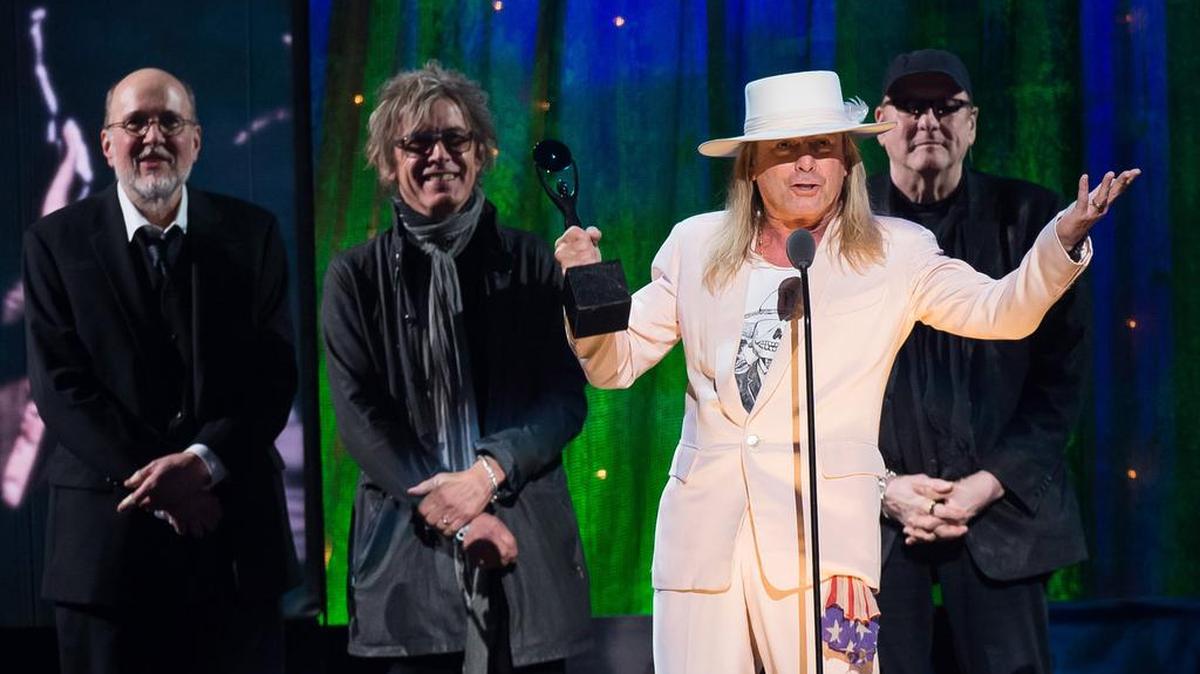 Inductees Bun E. Carlos, from left, Tom Petersson, Robin Zander and Rick Nielsen from Cheap Trick appear at the 31st Annual Rock and Roll Hall of Fame Induction Ceremony at the Barclays Center on April 8, 2016, in New York.