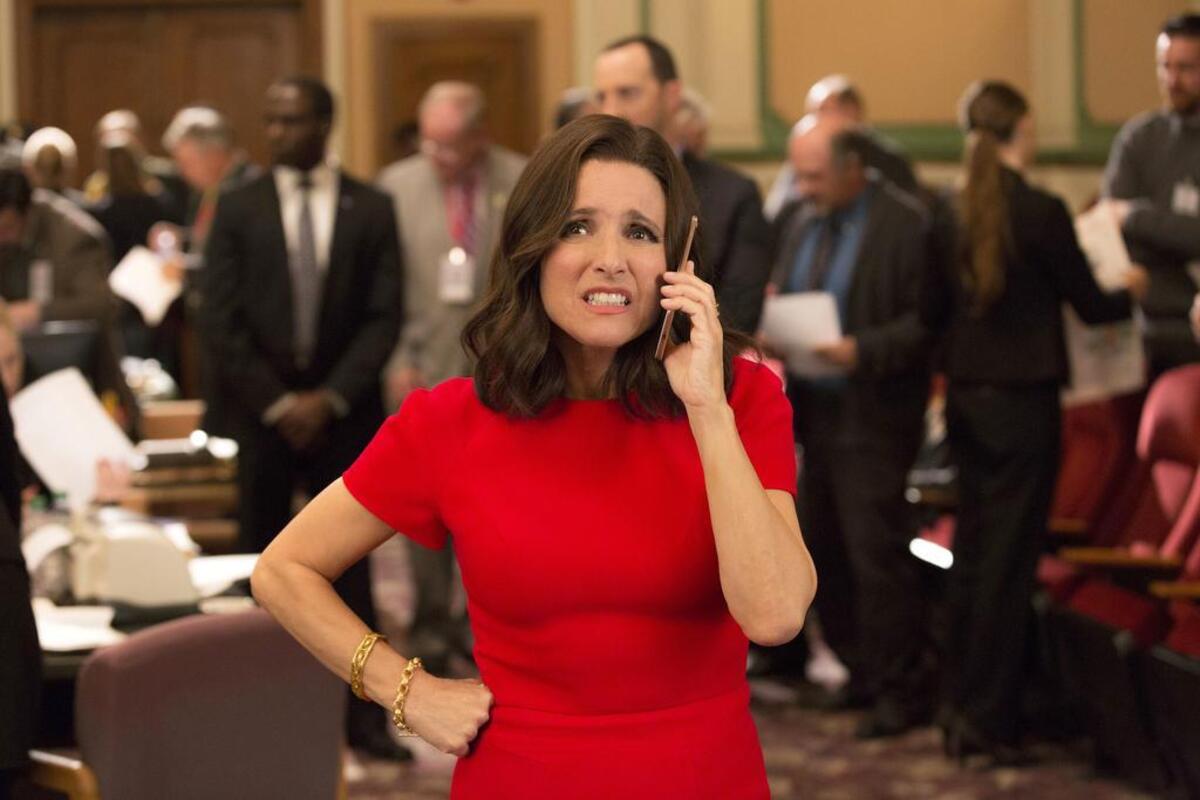 This image released by HBO shows, Tony Hale, left, and Julia Louis-Dreyfus in a scene from, “Veep.” Writing TV shows based on real life in Washington has always been a challenge. But since Donald Trump became president, writers of such series as “Madam Secretary,” “House of Cards” and “Veep” say their job is tougher than ever. The twists and turns of the Trump administration keep the writers on their toes as they attempt to create their own make-believe plot twists that won’t seem dull by comparison.
