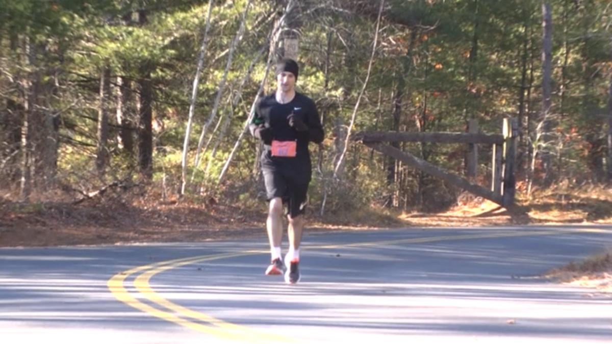 Keith Giroux running in the Myles Standish Marathon in November of 2016 in Plymouth, Mass.