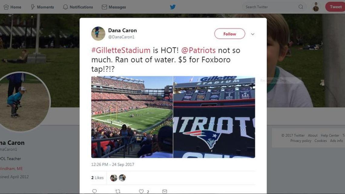 Fans took to Twitter after Gillette Stadium ran out of bottled water during Sunday’s New England Patriots game.