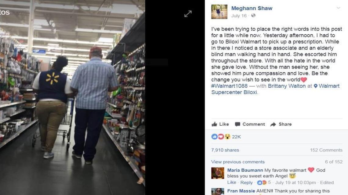 Meghann Shaw’s post about a Walmart sales associate helping a blind man with his shopping has gone viral on Facebook, garnering 8,000 shares by Friday evening. Brittany Walton, the sales associate, said she felt compelled to help “Mr. Roy” with his shopping.