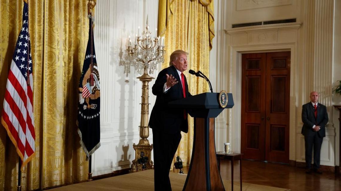 President Donald Trump speaks during a news conference in the East Room of the White House in Washington, Thursday, Feb. 16, 2017.
