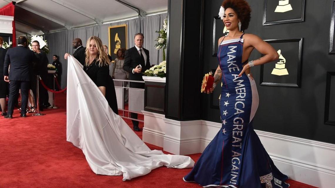 Joy Villa’s eye-catching gown says “Make America Great Again.”