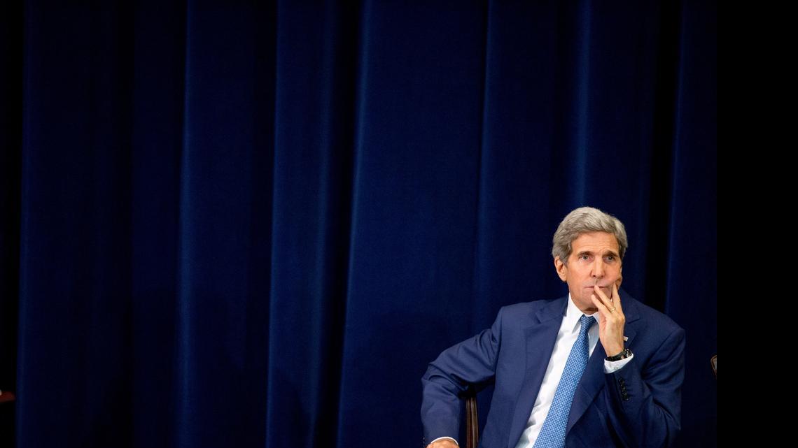 
Secretary of State John Kerry sits on stage during a news conference at the State Department in Washington, Monday, July 27, 2015, where he released the 2015 Trafficking in Persons Report. The State Department has taken Malaysia and Cuba off its blacklist of countries failing to combat modern-day slavery, leaving the U.S. open to criticism that politics is swaying the often-contentious rankings in its annual human trafficking report.
