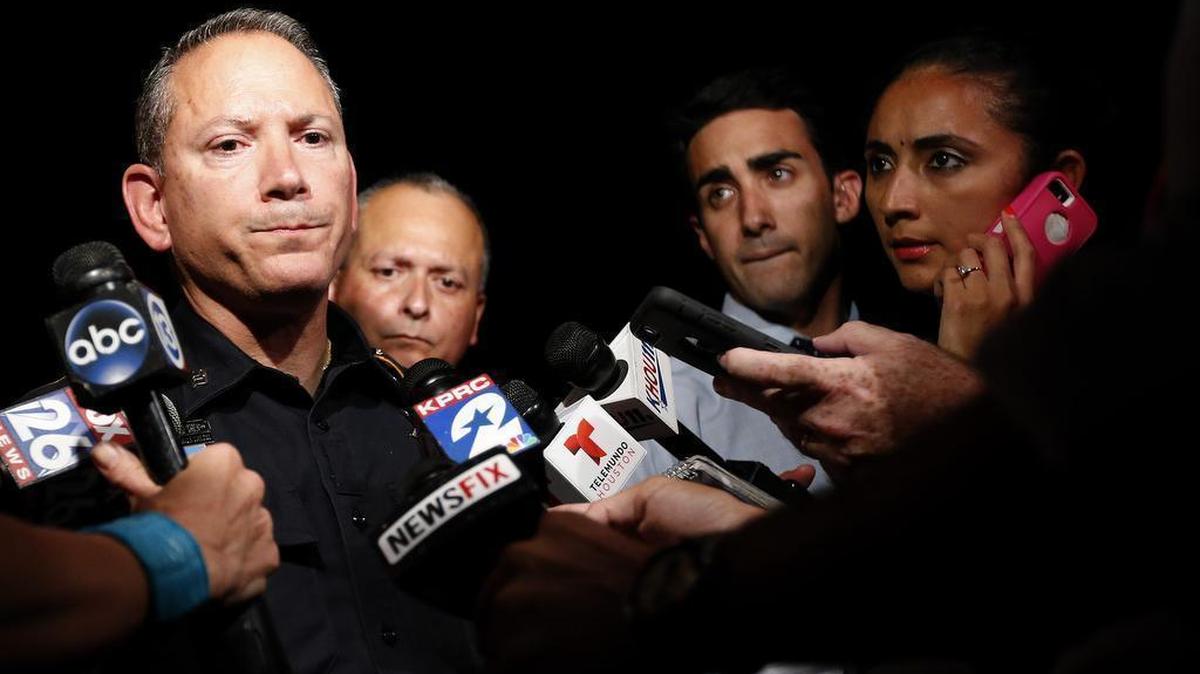 
Harris County public information officer Thomas Gilliland speaks to the media after a sheriff's deputy in uniform was fatally shot Aug. 28, 2015, in Houston. 
