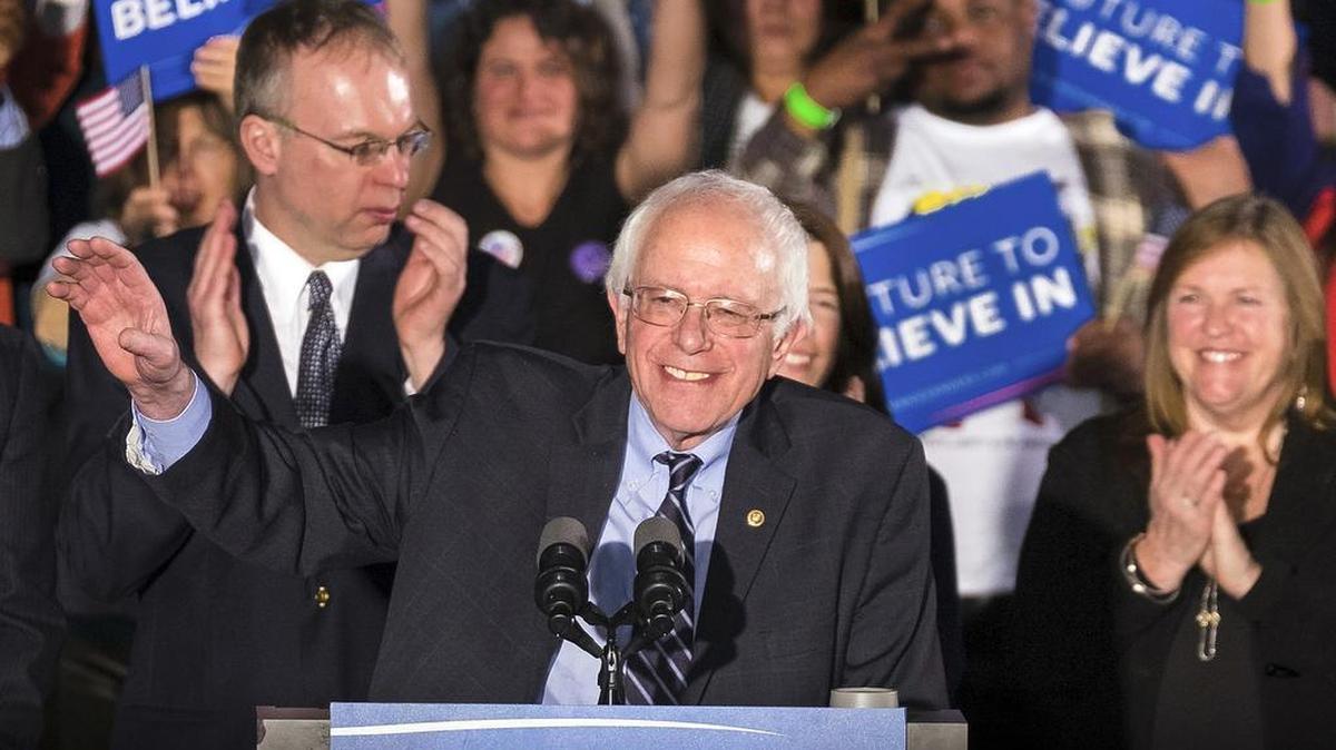 Sen. Bernie Sanders speaks at his primary night rally Tuesday, Feb. 9, 2016, in Concord, New Hampshire.
