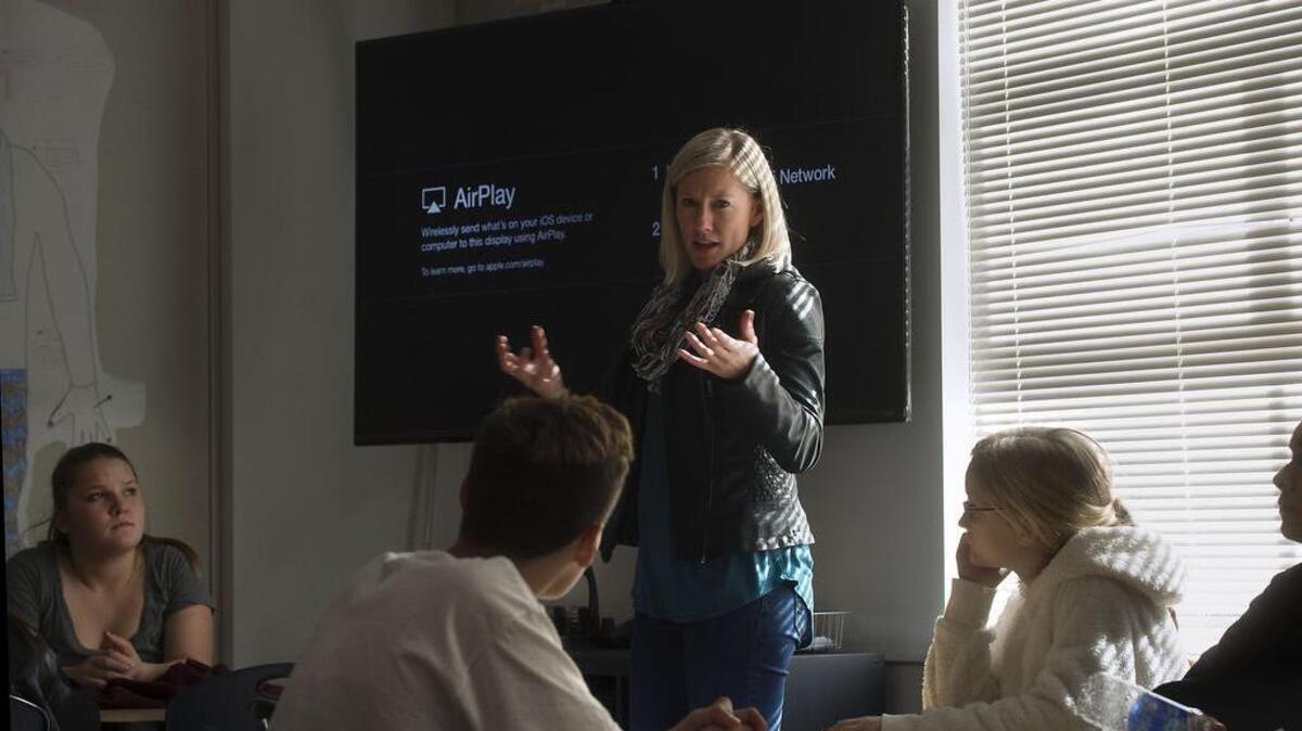 History teacher Emily Holdaway conducts class at Winston Churchill Middle School in Carmichael, Calif. An appellate judge overturned a ruling that declared California’s teacher tenure and dismissal rules unconstitutional.