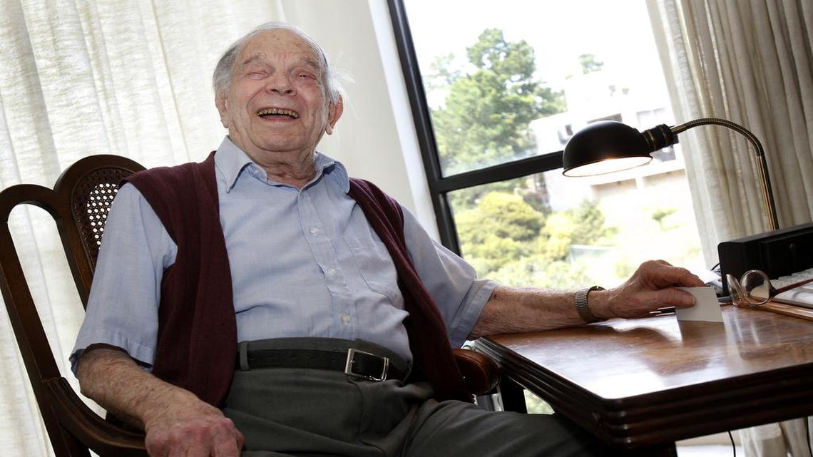 Bill Del Monte smiles at his home in Greenbrae, Calif., in 2011. Del Monte was born shortly before the San Francisco earthquake of 1906 and was one of the youngest to survive. Del Monte died at a retirement home in Marin County on Monday. He was 11 days shy of his 110th birthday.