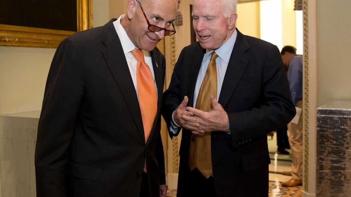 Will Sen. Charles Schumer, D-N.Y., left, shown speaking here with Sen. John McCain, R-Ariz., be the Senate’s majority leader in January 2017?