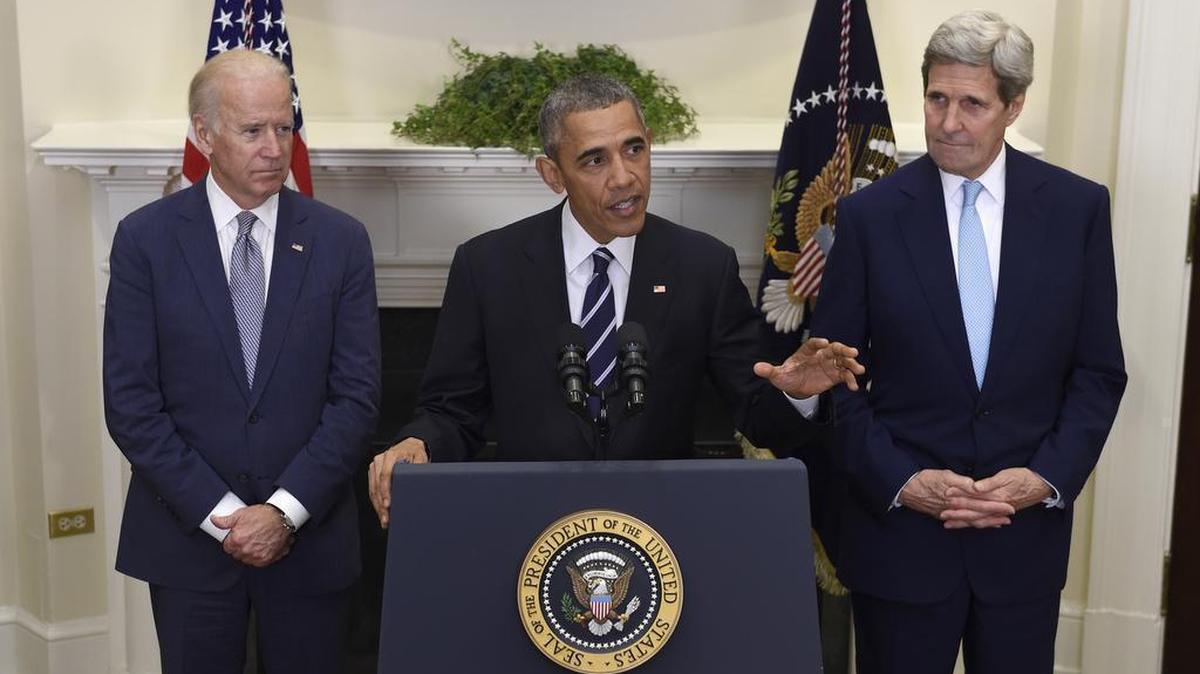 President Barack Obama, accompanied by Vice President Joe Biden and Secretary of State John Kerry, announce he's rejecting the Keystone XL pipeline because he does not believe it serves the national interest, Friday Nov. 6, 2015, in the Roosevelt Room of the White House in Washington.