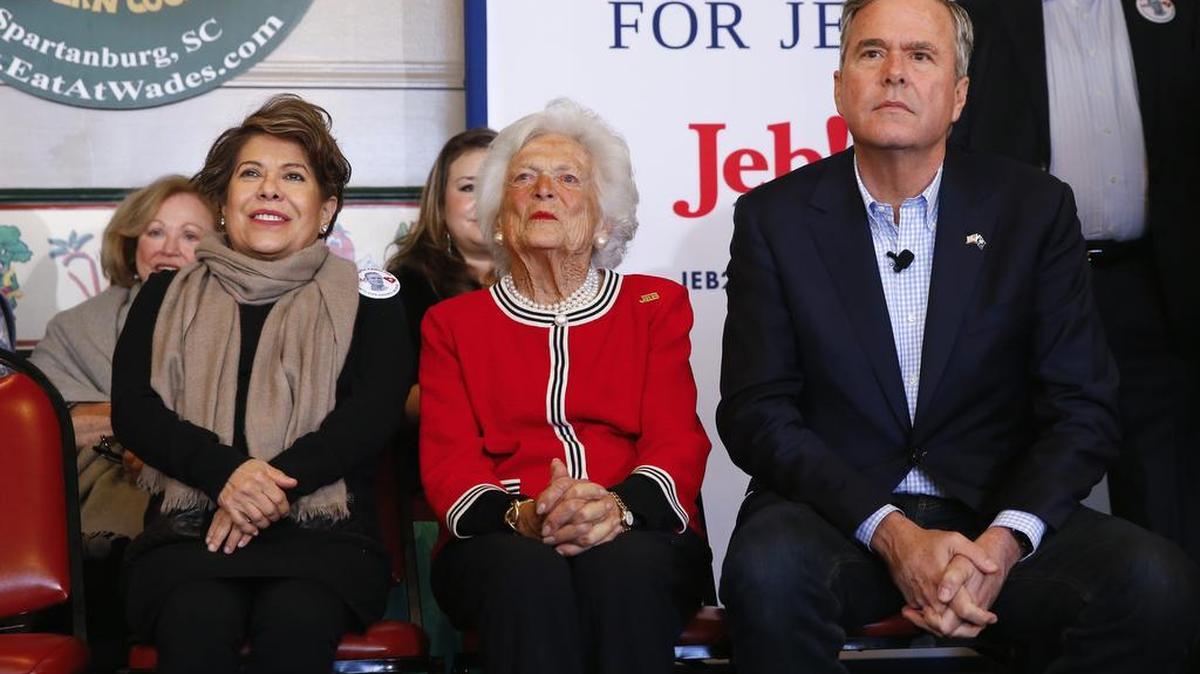 Republican presidential candidate, former Florida Gov. Jeb Bush, sits with his mother, former first lady Barbara, and wife Columba, during a campaign stop at Wade’s Restaurant on Friday, Feb. 19, 2016 in Spartanburg, S.C.