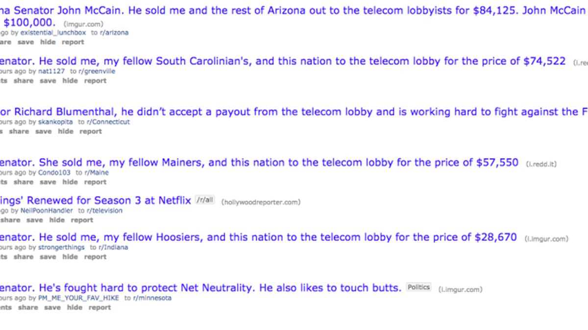 Reddit users flooded the site’s front page with pro-net-neutrality posts